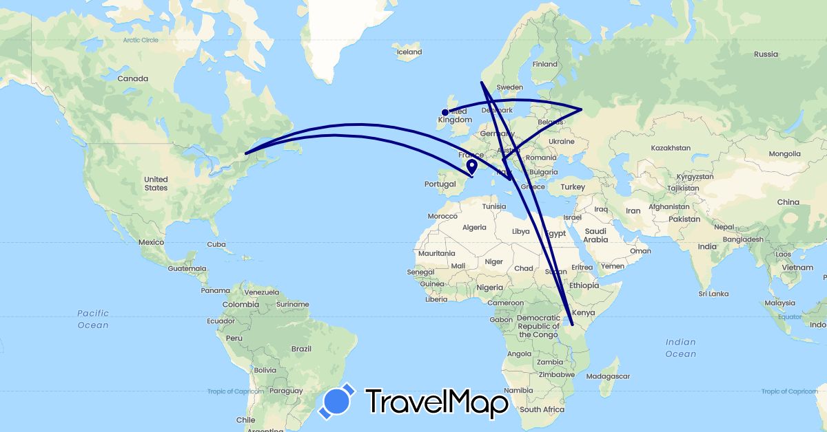 TravelMap itinerary: driving in Canada, Spain, United Kingdom, Italy, Norway, Russia, Tanzania (Africa, Europe, North America)